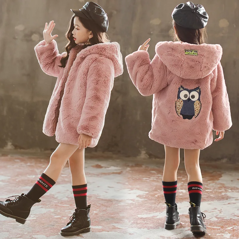 Girls Faux Fur Coat Winter Long Sleeve Hooded Warm Jacket Imitation Rabbit Fur Long Coat For Kids 3-13 Years Soft Outwear