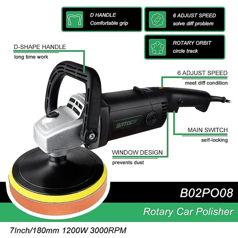 Rotary Car Polisher 7 Inch 1200W 6 Variable Speeds 3000 RPM Polishing Machine