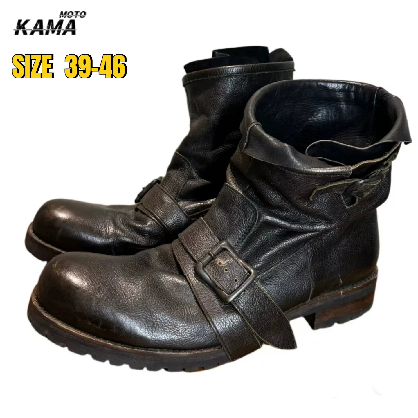

Retro Darkened Belt Buckle Motorcycle Boots Trendy for Both Men and Women Mid-calf Pleated Side Zipper Western Cowboy Boots