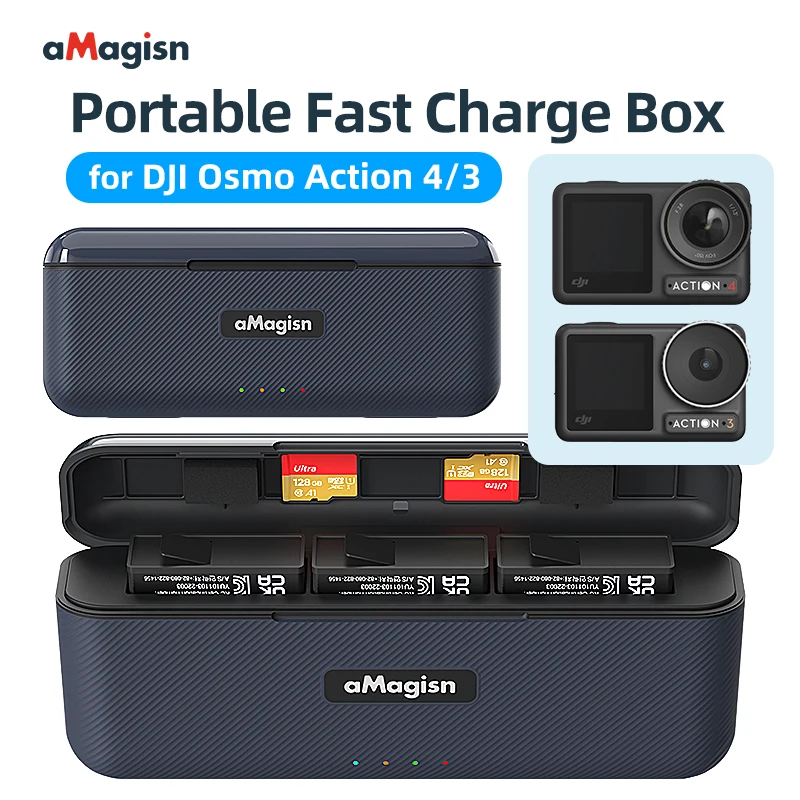 For DJI Osmo Action 4/3 Camera Portable Fast Charge Box Battery Charger Hub Smart Charging Management Magnetic Flipping Cover