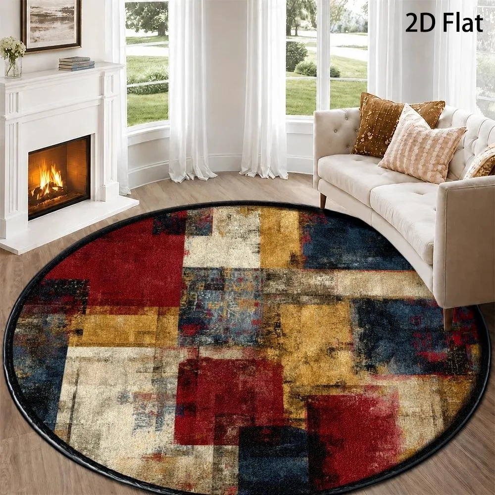 Vintage Distressed Color Block Abstract Round Rug Retro Red Gold Navy Faded Texture Print Circular Floor Mat for Living Room