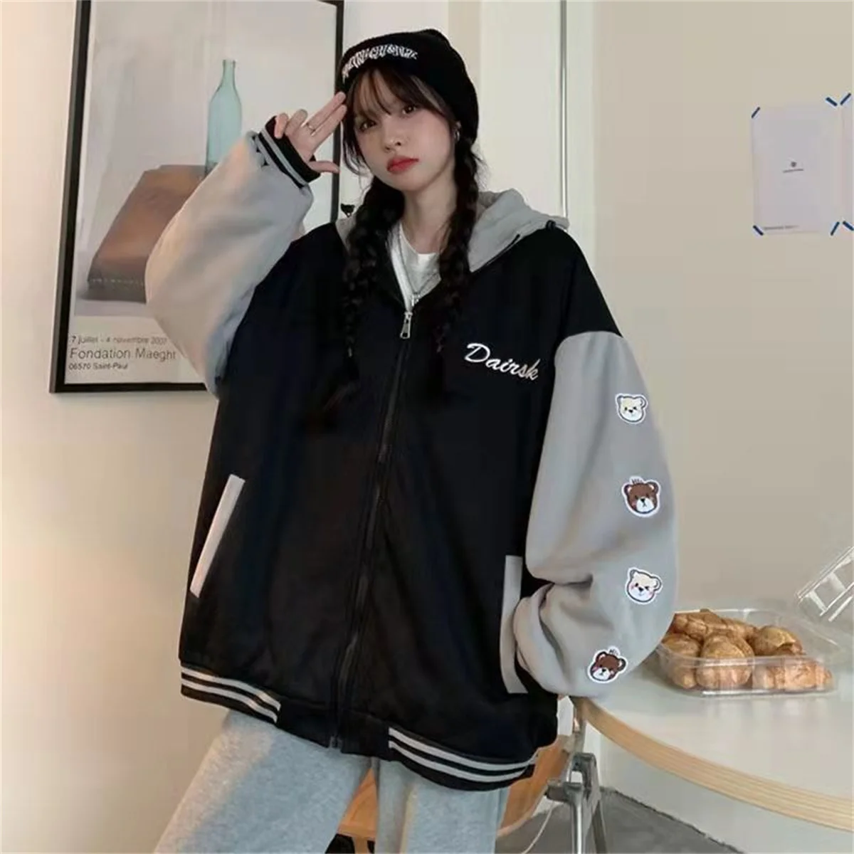 Fashion New Polychrome Cartoon Pocket Zipper Hoodie Women Harajuku CuteOversized Hooded Sweatshirt 2025 Popular Streetwear