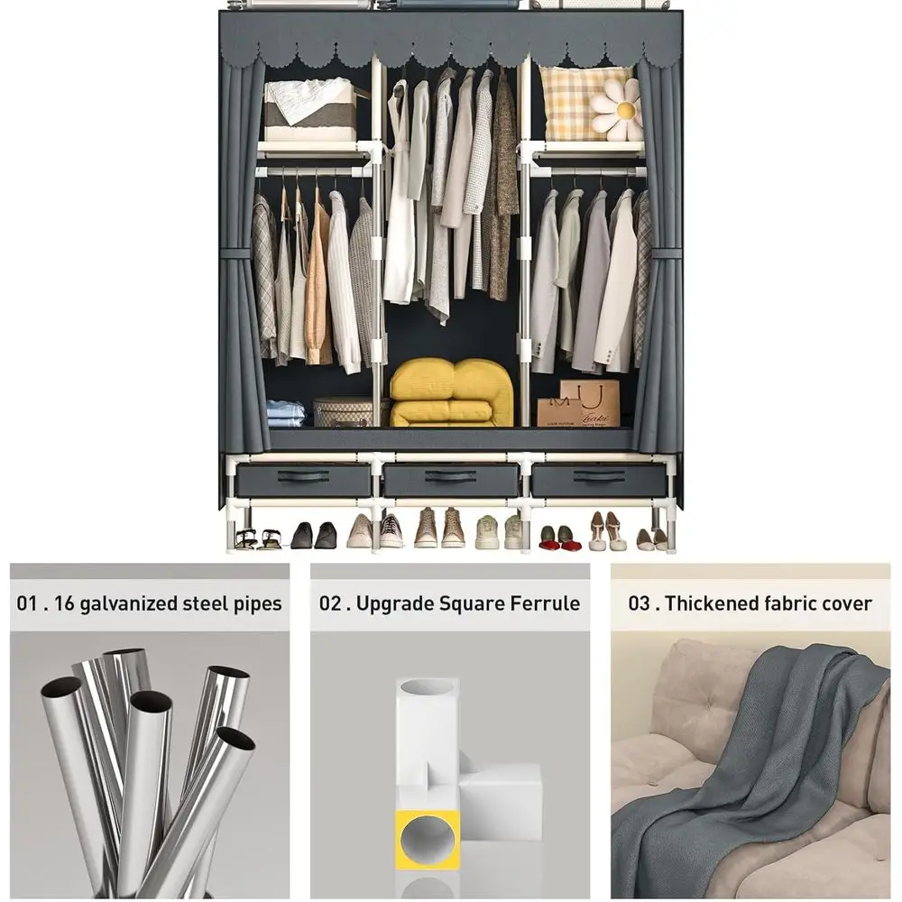 Portable Armoire Wardrobe Closet with 3 Drawers and 3 Hanging Rods,Cloth Closet Wardrobe Cabinet for Hanging Clothes,Grey Cover,