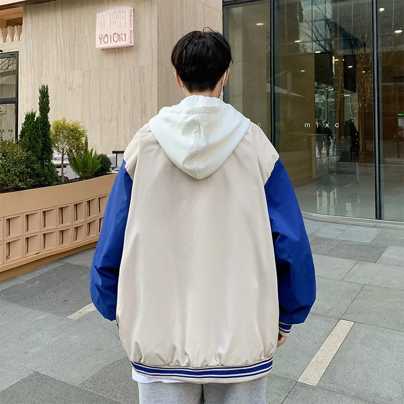 

2025 New Casual Faionable Hooded Men's Jaet Outerwear Fake Two-Piece Baseball orm Loose Fit Regular Length Youth