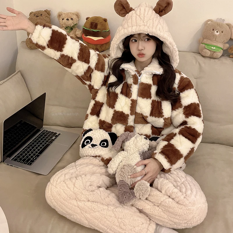 Panda Cartoon Cute Sleepwear for Winter Women's Flannel Warm Nightwear Big Size M-2XL Pjs Pyjamas Femme Coral Fleece Loungewear