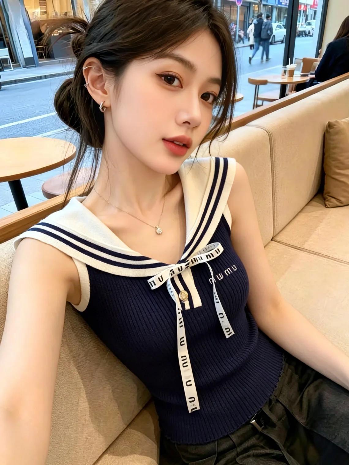 Summer New Style Navy Collar Knotless Sleeveless Knitted Vest Women's High-End Feeling Outerwear Top Commute Korean Version