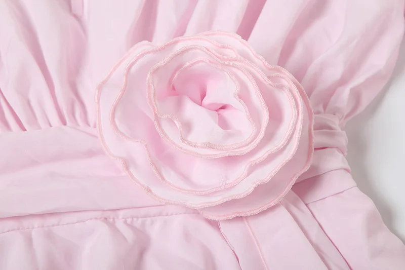 فستان نسائي صيفي قصير جديد بلون سادة على شكل حرف A مثير بربطة عنق وأكمام مضيئة مع حزام زهور ثلاثي الأبعاد