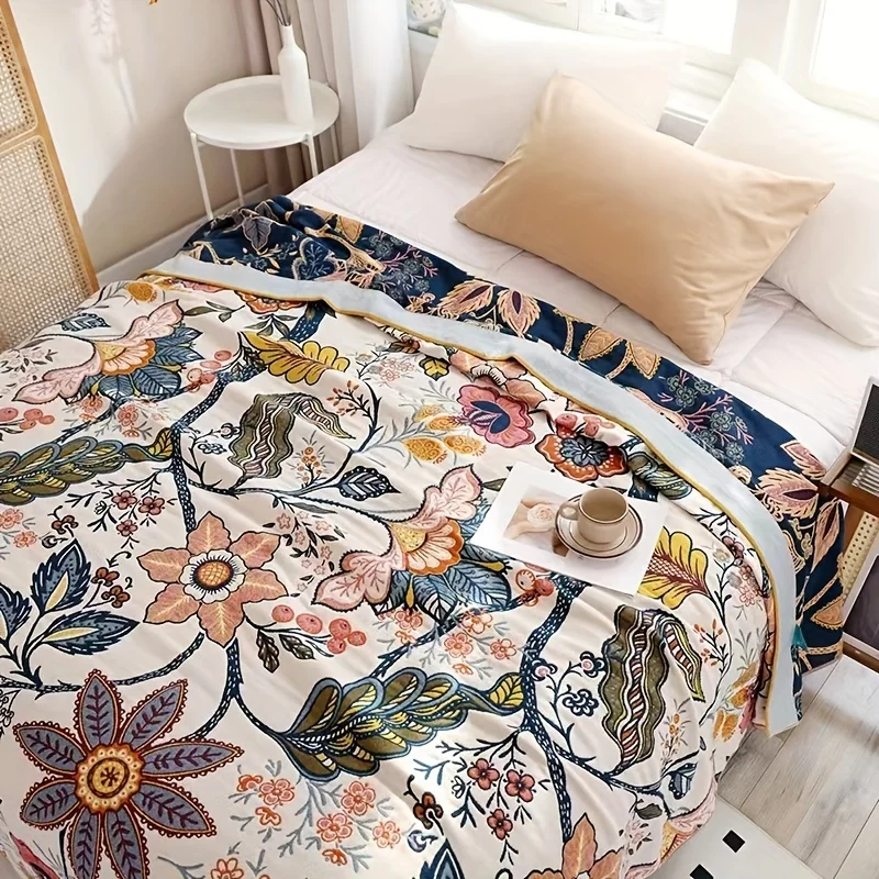 Soft & Breathable Floral Gauze Throw Blanket - Versatile For All Seasons, Perfect For Couch, Bed, Office Nap, And Air Conditioni