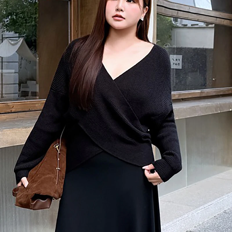 XXXL Fashion Plus Size Women's Sweater Premium Fairy Cross V-Neck Gentle Sexy Design Soft Knitted Pullovers Autumn Winter 8218