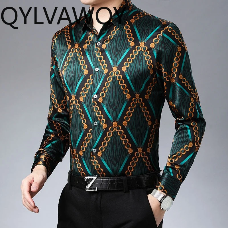 QYLVAWOY Premium Men's Shirts Long Sleeve 90.8% Mulberry Silk Shirts Printed Shirts for Men Menswear Clothing Spring Autumn Tops