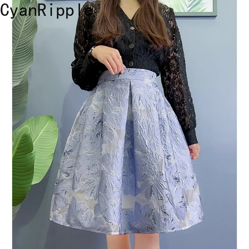 New Spring Summer Organza Jacquard Women A-line Skirt Elegant Umbrella Skirt Mid-length High Waist Knee-length Lady Puff Skirts