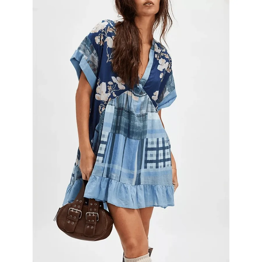 

【New style】Womens Boho Floral Babydoll Mini Dress Y2k Deep V-Neck Puff Sleeve Ruffle Hem Flowy Short Dress Cute Summer Patchwor