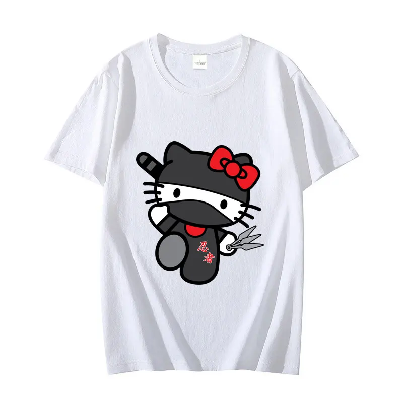 Sanrio Hello Kitty Cartoon Anime Women T-shirt Summer Short Sleeve 100% Cotton Men Tee Shirts Tops New Fashion Couple Clothes