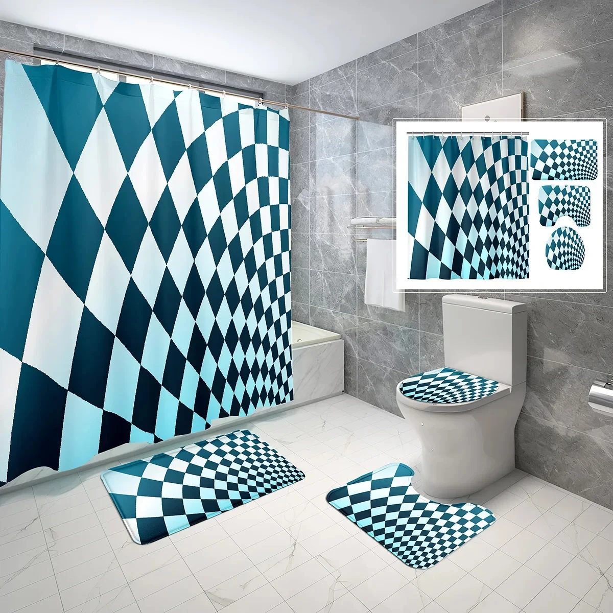 

Комплект для ванной: шторка для душа с геометрическим узором в виде шахматной доски, 4 предмета, нескользящий коврик для ванной, чехол для унитаза