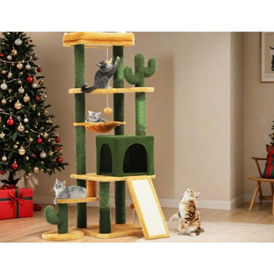 

60in Cactus Cat Tree for 2-3 Cats: Multi-Level Tall Indoor Kitty Tower with Plush Platform Hammock Scratching Posts Dangling Ba