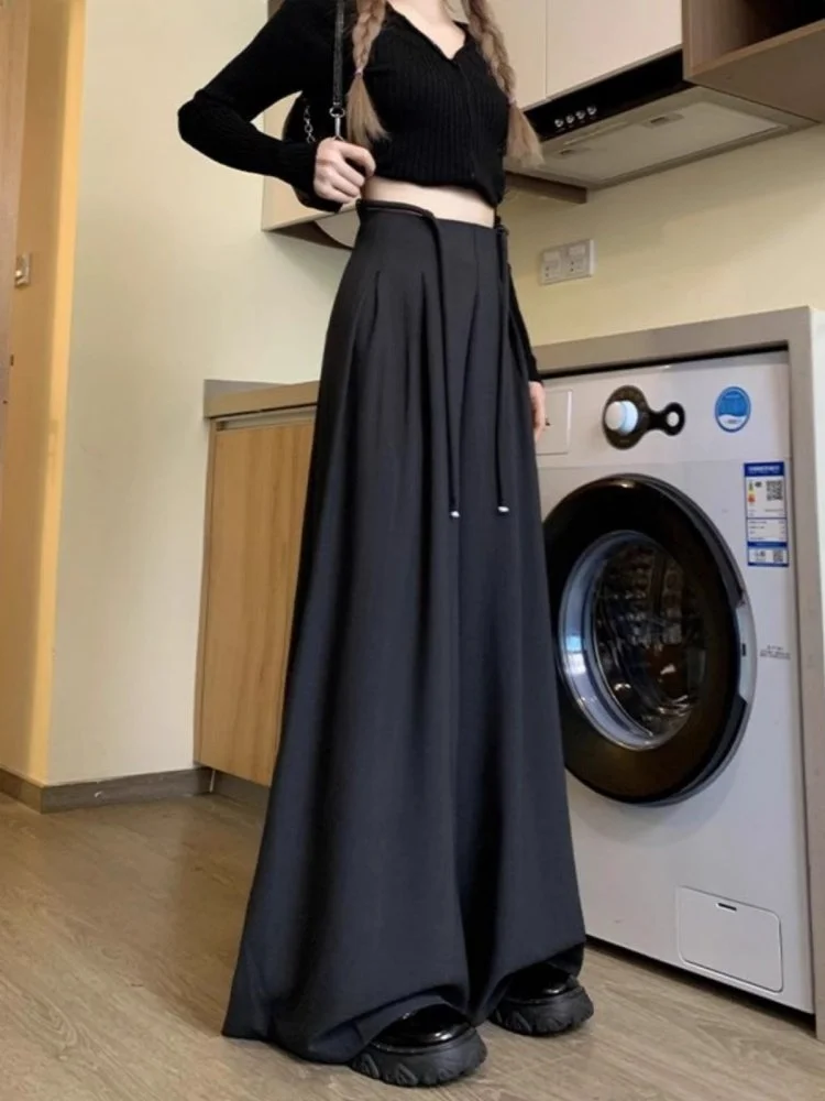 

Black High Waist Drapey Wide Leg Pants Women's Drawstring Loose Fitting Trousers Elegant Commute Style Long Pants Polyester