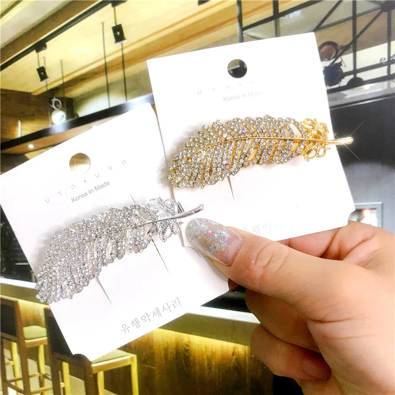 Korean Crystal Feather Hair Accessories Jewelry Gold Silver Color Metal Big Hair Clips for Women Wedding Headwear Girls Hairpins