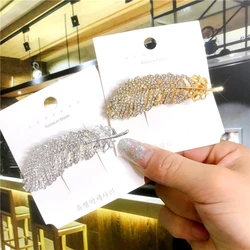 Korean Crystal Feather Hair Accessories Jewelry Gold Silver Color Metal Big Hair Clips for Women Wedding Headwear Girls Hairpins