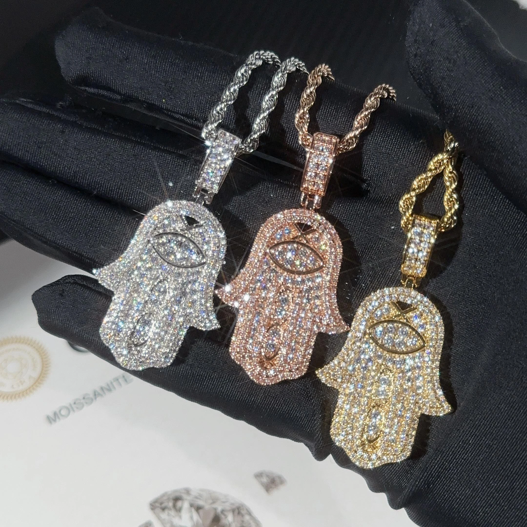 

Moissanite Hip Hop Jewelry Hamsa Iced Out Pendant Sterling Silver 925 Moissanite Pendant With Rope Chain for Men