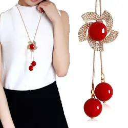 Fashion Long Chain Sweater Necklaces & Pendants for Women Red Pearl Flower Pendant Necklace Female Jewelry