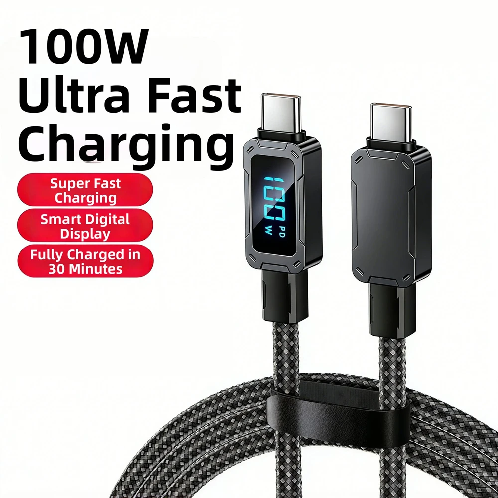 100W Zinc Alloy Digital Display USB C to Type C PD Fast Charging Data Cable for iPhone 15 16 17 Pro Max Xiaomi Samsung S26 S25
