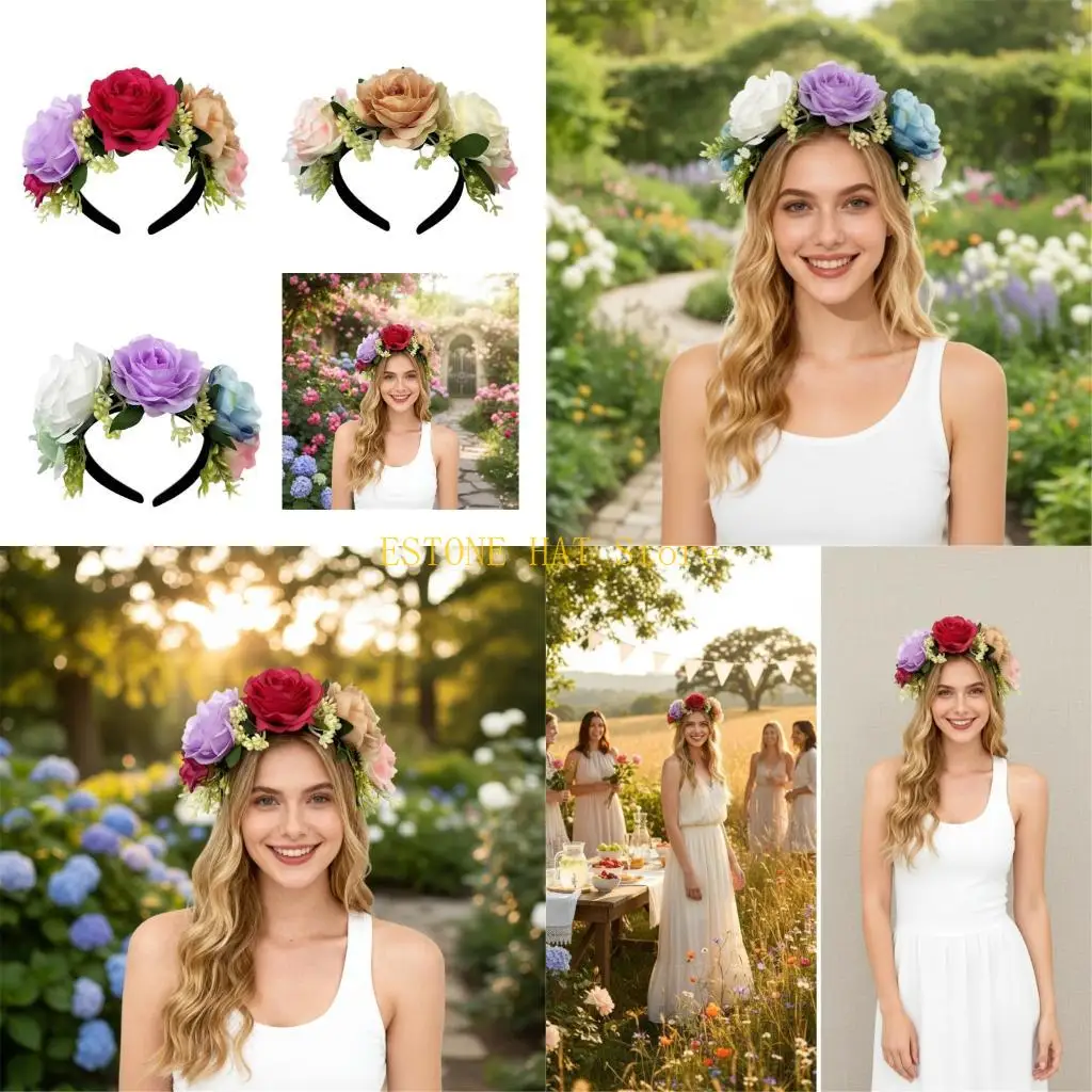 

49MF Natural Forest Flower Hairband Beach Wedding Valentines Day Photography Hairhoop