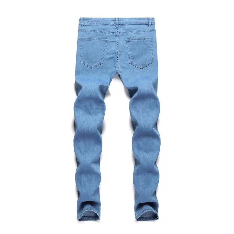 Youth Casual Slim Fit Denim Pants Men's Blue Tight Mid-waist Cotton Pencil Jeans New Cool Four Seasons Solid Color Trousers Male