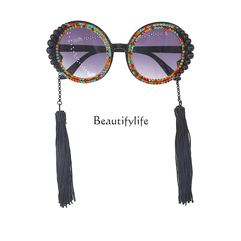 

Black Sunglasses Rhinestone Pearl Polarized Square Sunglasses Female Disco Big Rim round Face Street Shot