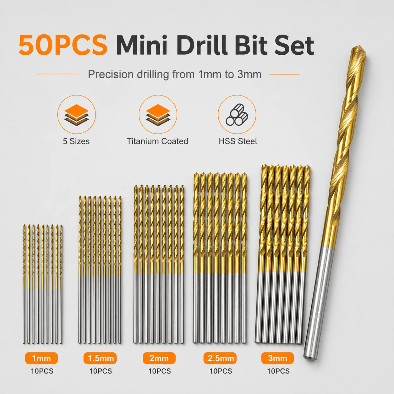 50Pcs Titanium Coated HSS Mini Twist Drill Bit Set 1‑3mm Precision Drill Bits for Wood Plastic Acrylic DIY Craft Drilling