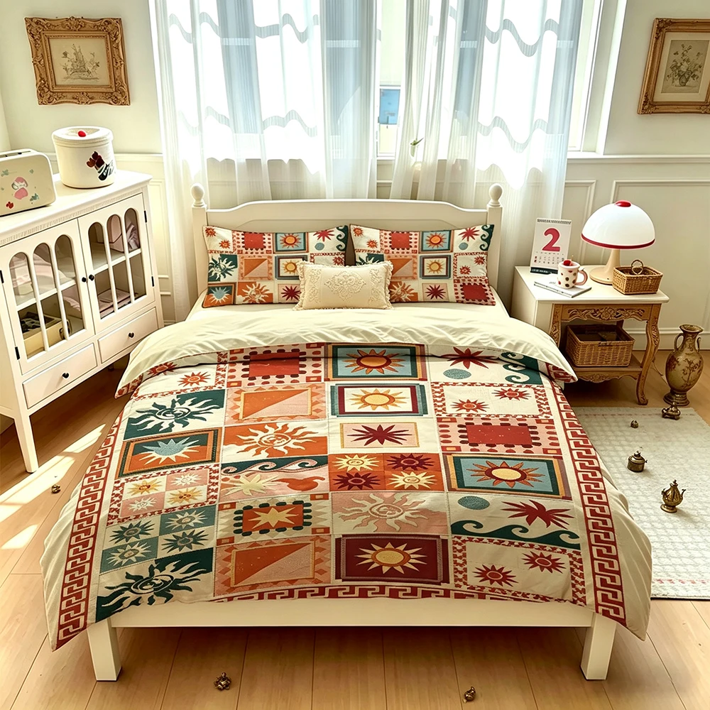 Boho Geometric Duvet Cover Set 3Pcs Patchwork Tribal Aztec Print Bedding Soft Microfiber Comforter Cover