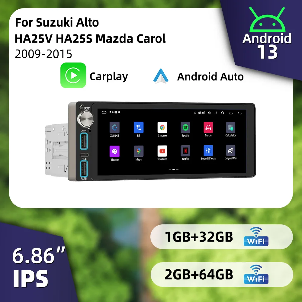 

Автомагнитола 1 DIN с CarPlay и Android, 6.86 дюйма, для Suzuki Alto HA25V HA25S, Mazda Carol 2009-2015