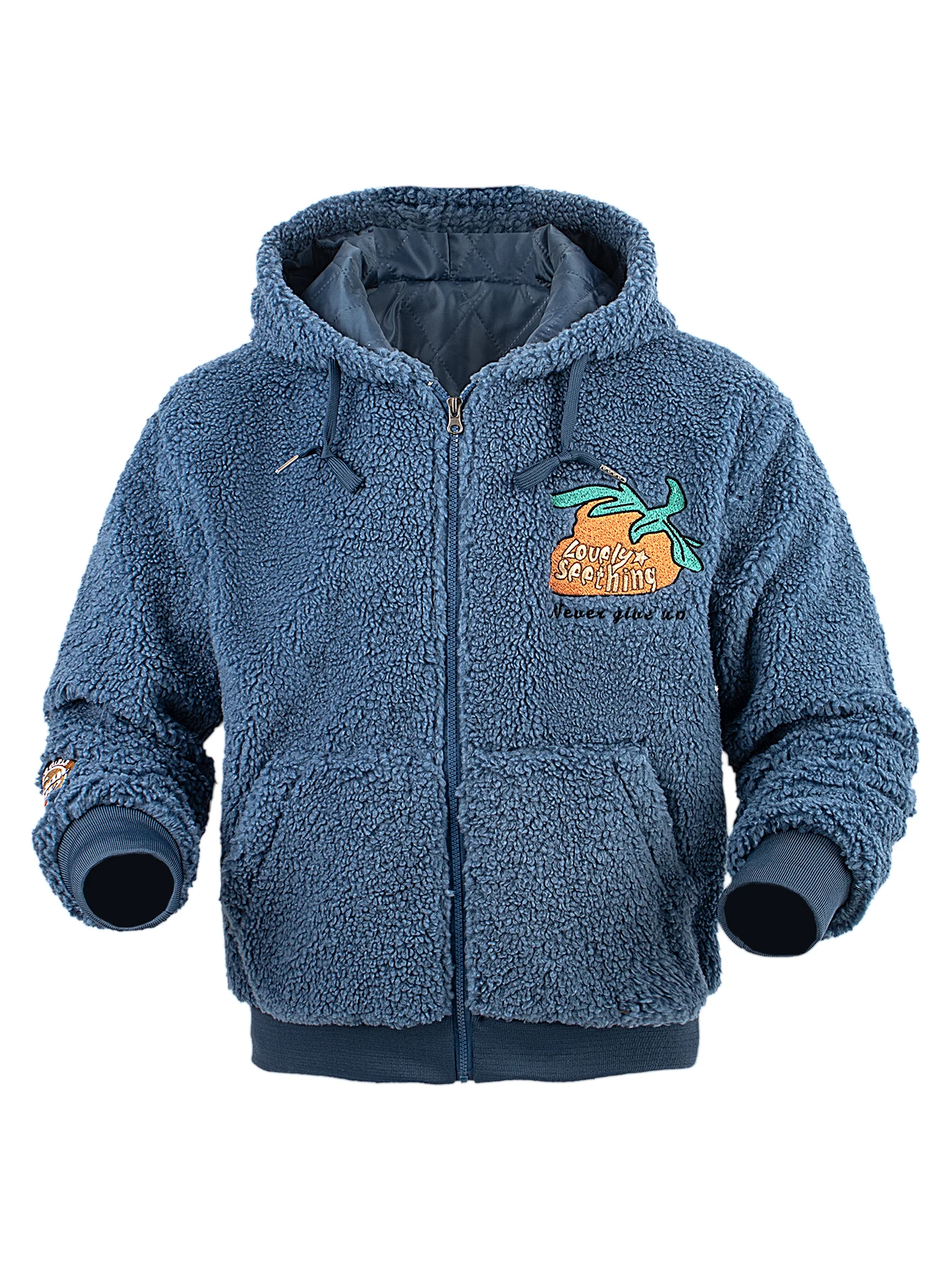 

Women's Winter Cute Hooded Sherpa Fleece Coat Orange Embroidery Loose Warm Fashion Clothing With Never Give Up Motto