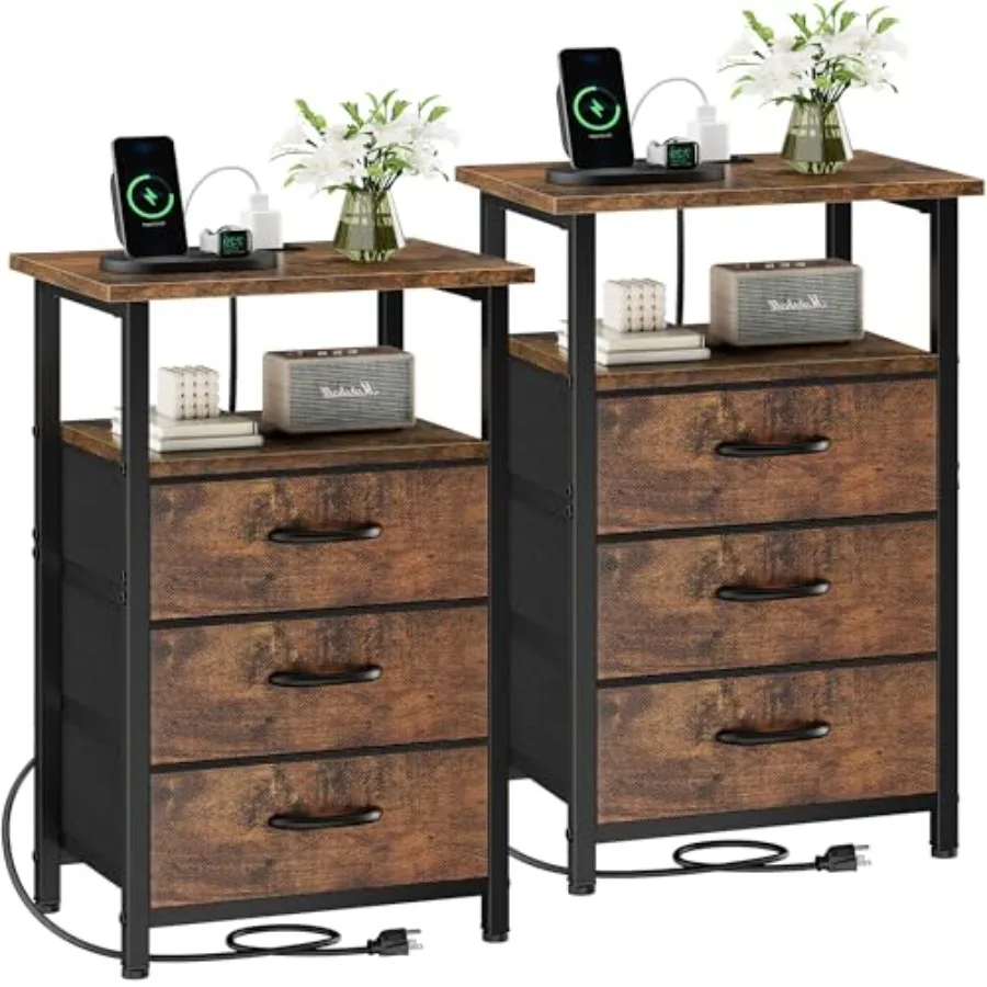 

Nightstand Set of 2 with Charging Station Bedside Table with USB Ports Outlet Side End Table with 3 Fabric Drawers Storage Shel