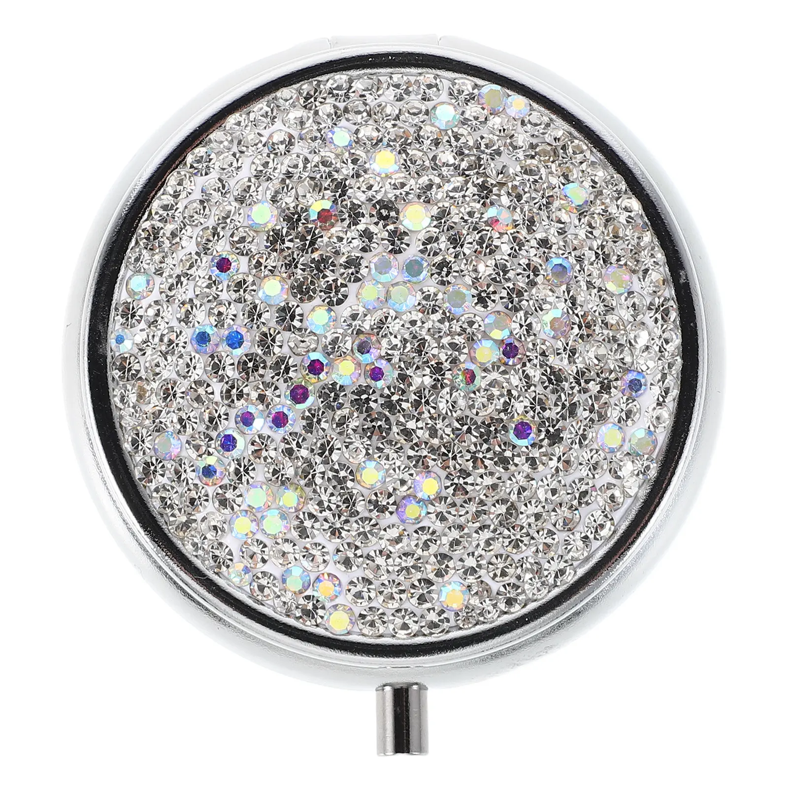 

Compact Metal Pill Case with Sparkling Rhinestones Multi-Compartment Medication Holder for Purse Pocket Travel Convenience