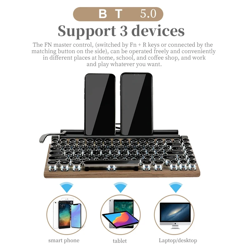 Keyboard Bluetooth nirkabel, Keyboard mesin tik Retro, nirkabel, Keyboard Bluetooth, USB, perangkat Multi koneksi, tombol Punk untuk Desktop PC/ponsel