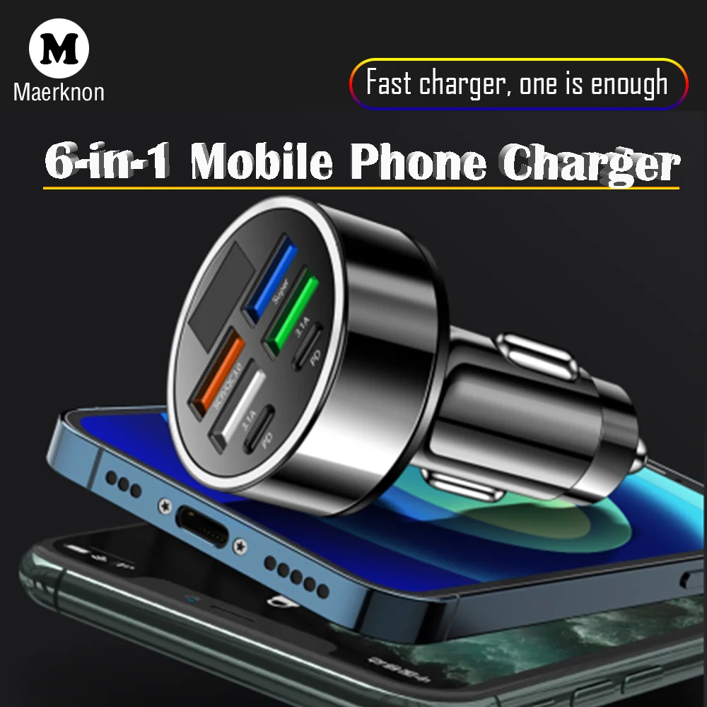 

100W Car Charger For All Smartphone 6 Ports PD/QC3.0/USB C Mobile Phone Fast Charging For iPhone 16/15 Samsung Huawei Xiaomi 15