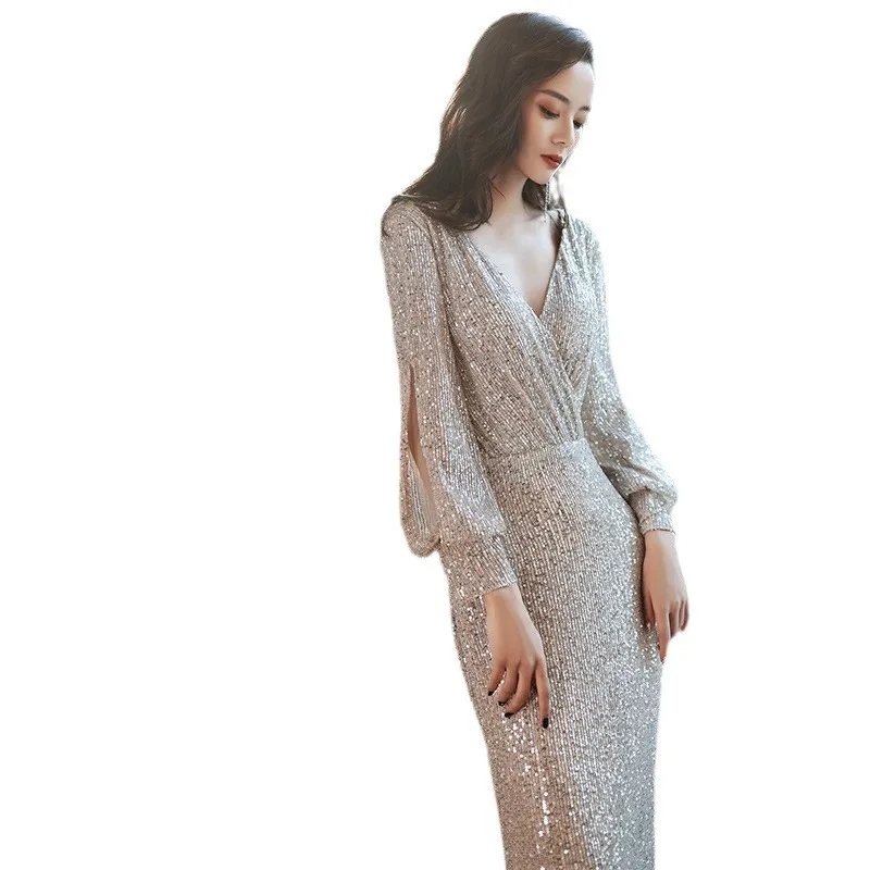 Маленькое вечернее платье для банкета, женское новое длинное серебряное блестками, элегантная юбка «рыбий хвост», хоровое выступление, ведущее