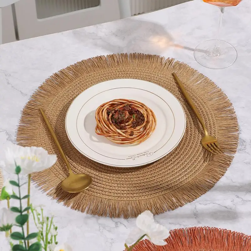 Woven Rattan Round Placemat Handmade Fringe Edge Heat Resistant For Home Dining Table Party Decor