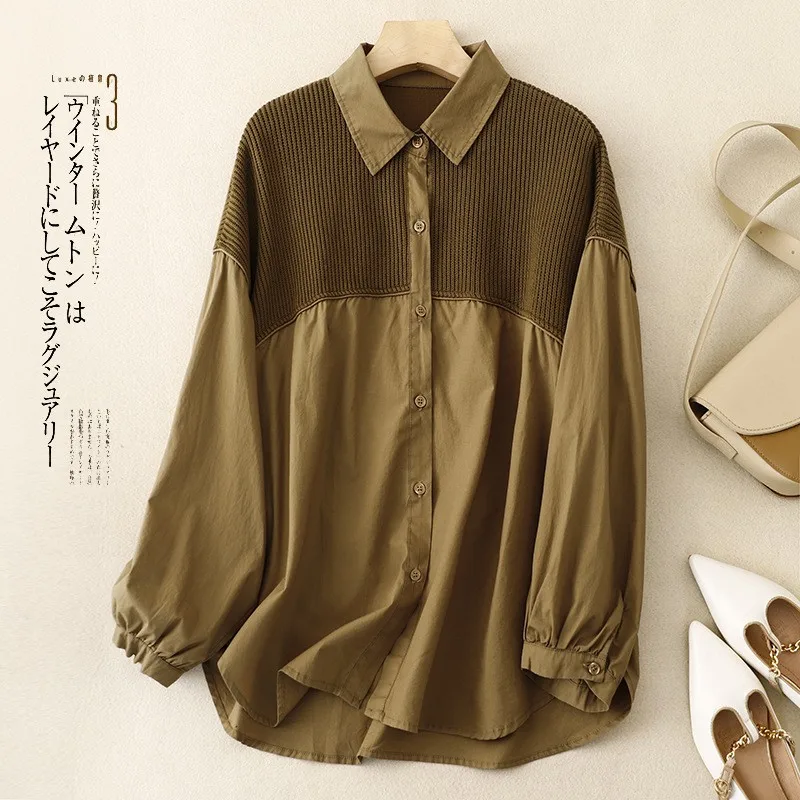 2024 Autumn New Women's Casual Shirt Loose Solid Color Collar Corduroy Splicing Long Sleeve Shirt Coat Shirt Women's Top