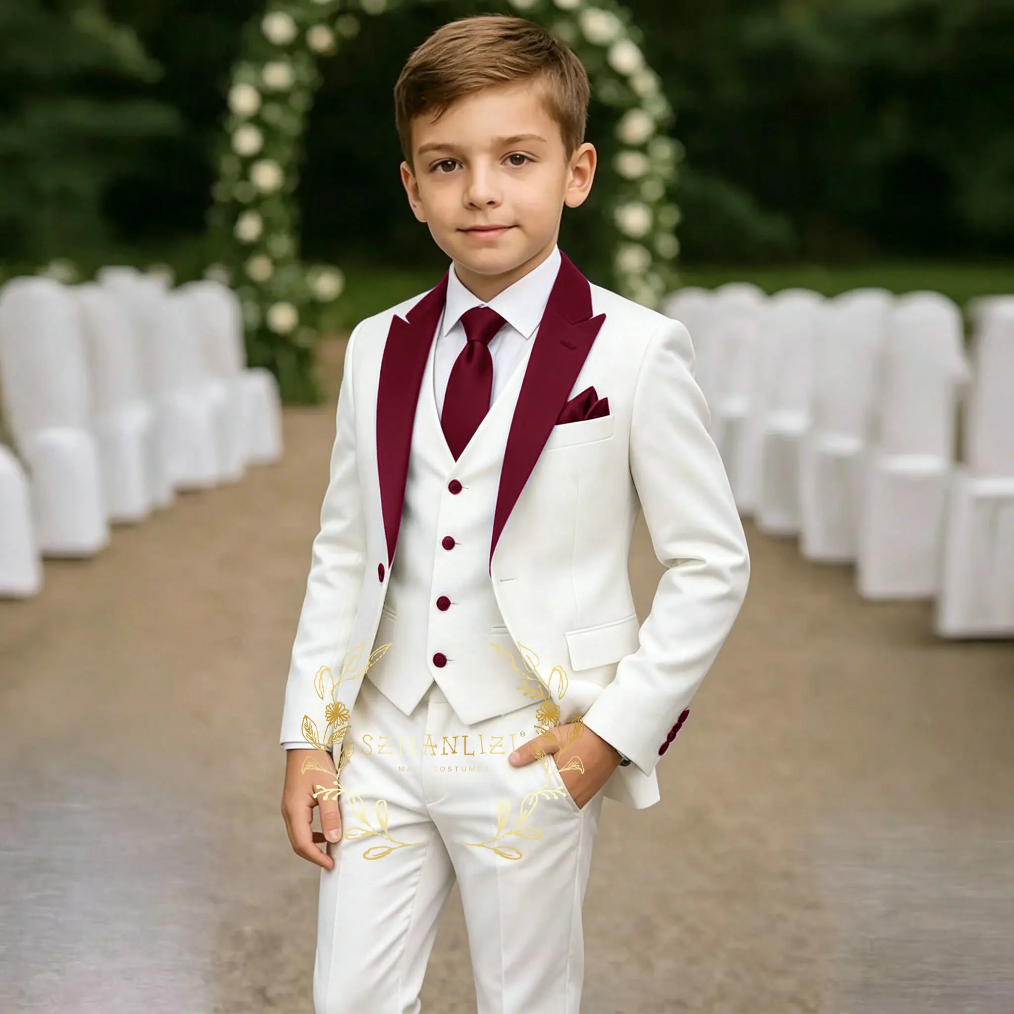 Flower Boys Formal White 3-Piece Wedding Suit Peak Lapel Blazer Vest Pants Slim Fit Tuxedo Business Costume for Kids Party Prom