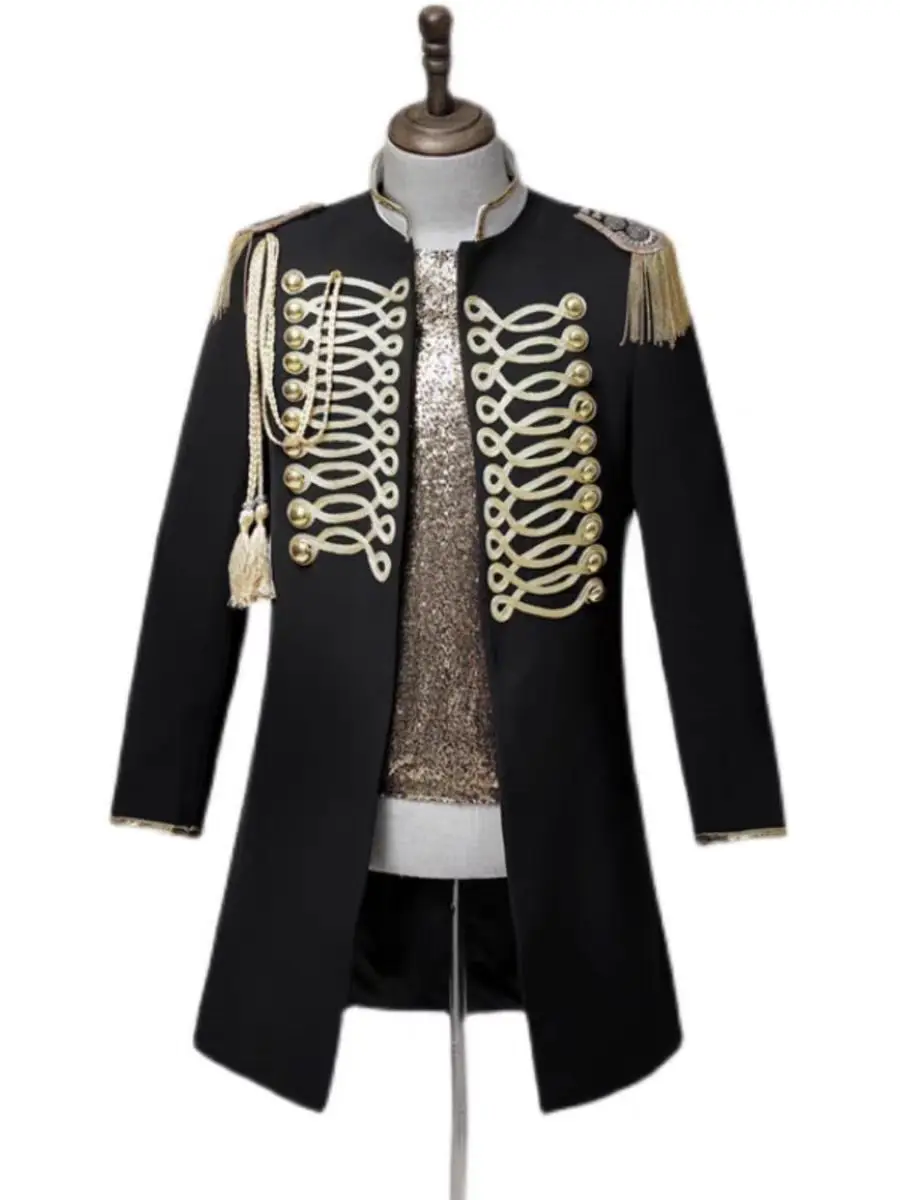 Fashion New Men's Tassel Epaulet Middle Long Jacket Stage Show Singer Dancer Performance Suit Chorus Banquet Formal Dress