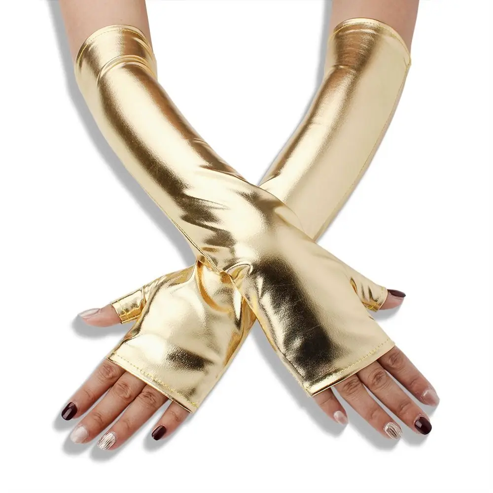 1 Pair Glossy Finish Fingerless Gloves Punk Style Thin Performance Gloves Girl's Sleeve Set Imitation Leather
