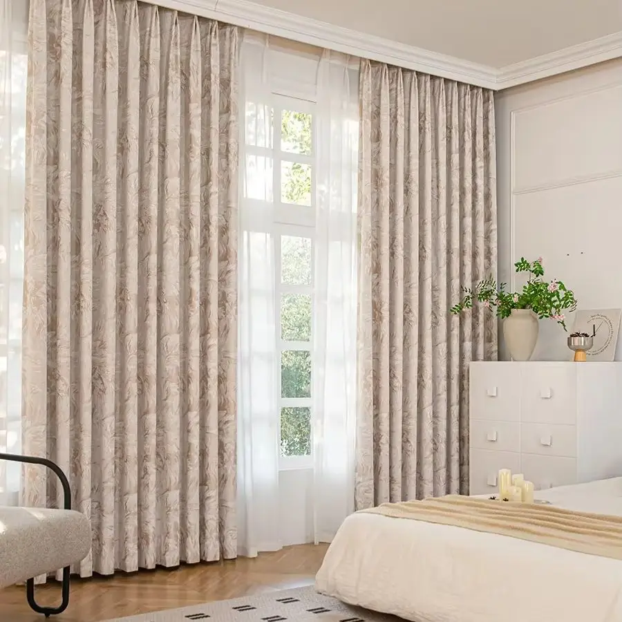 European Cream Jacquard Oil Painting Chenille Luxury Curtains for Living Room Bedroom Blackout Window White Tulle Window Decor