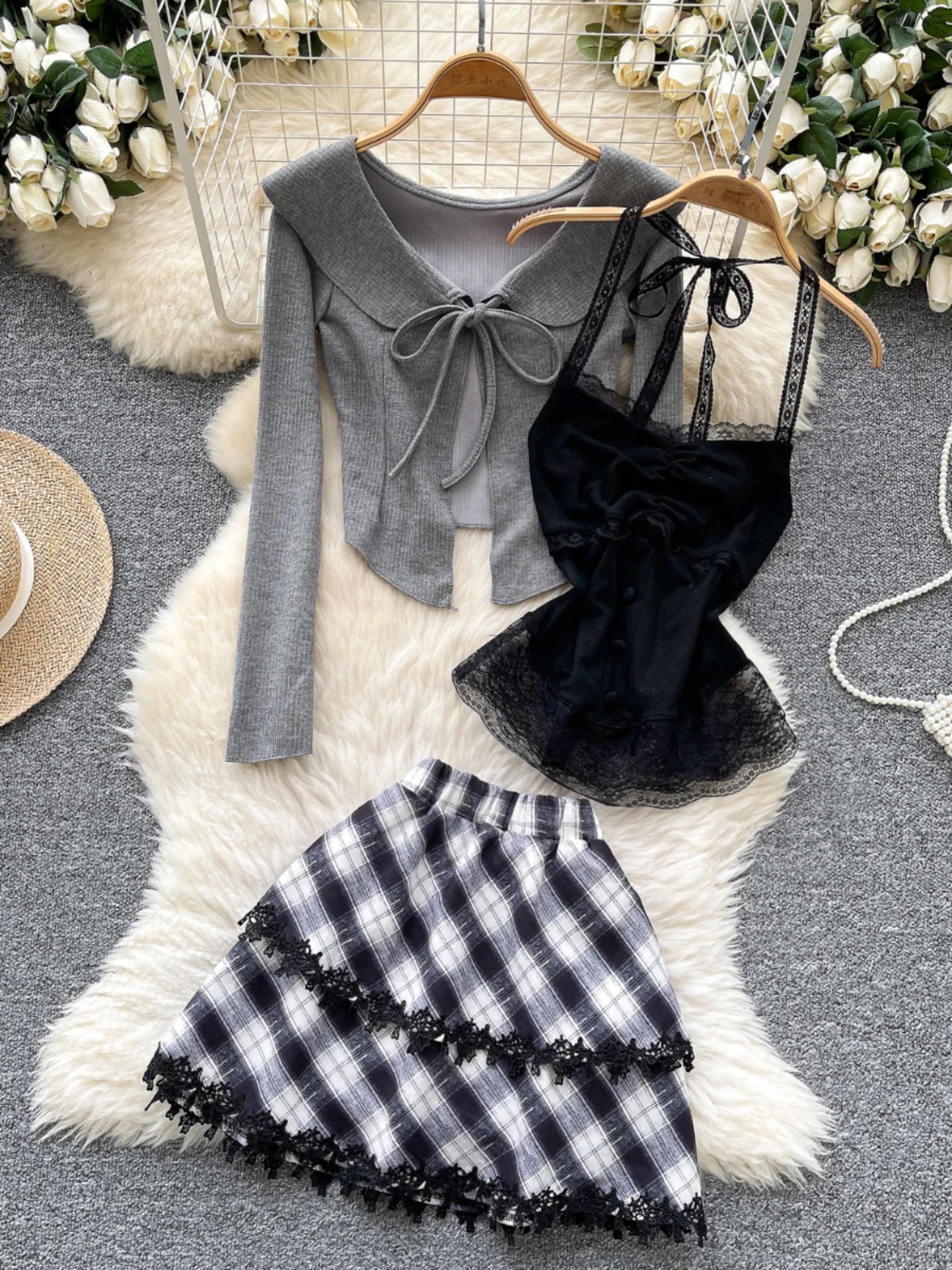 

Pure Desire Women's Three-Piece Set Sexy Lace Halter Top Long Sleeve Plaid Skirt And Shoulder Wrap Outerwear Fashionable...