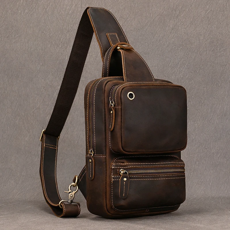 Large Capacity Leather Chest Bag Crossbody Bagpack For Man Sling Bag Vintage Fashion Unique Designer Chest Pack Shoulder Bag