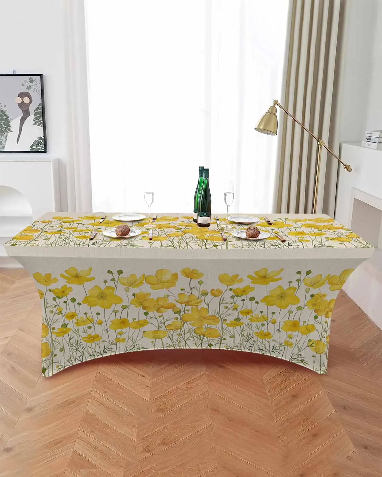 Watercolor Style Chrysanthemum Elastic Table Skirt Wedding Hotel Birthday Table Cover Buffet Table Tablecloth Decor