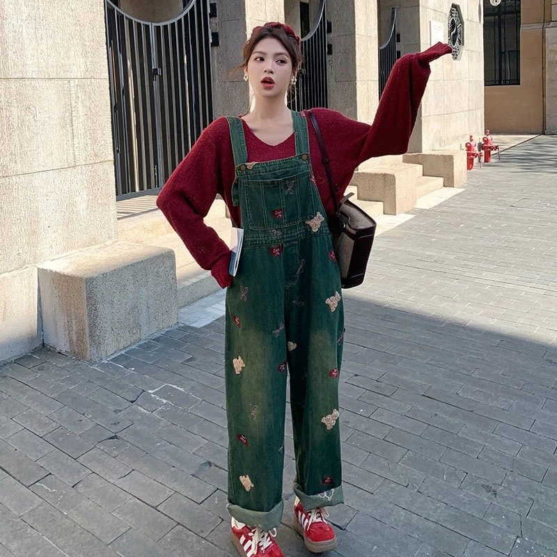 

Youthful Age Defying Loose Fit Denim Overalls Women Embroidered Super Stylish Chic Spring Autumn American Retro New Arrival