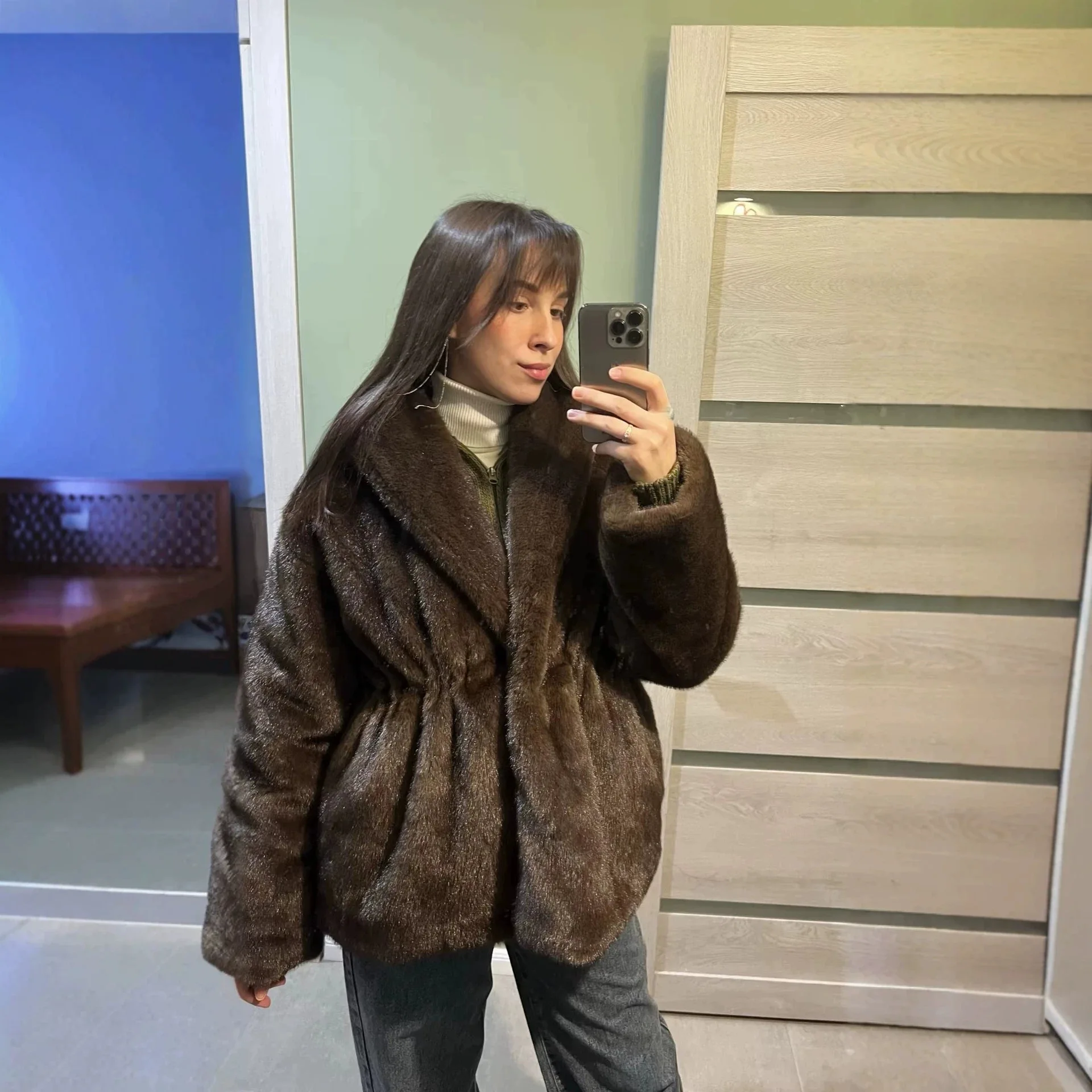 Women Faux Fur Coats Solid Jackets Long Sleeves Drawstring Waist Covered Button Thick Straight Elegant Casual 2026 Autumn Winter