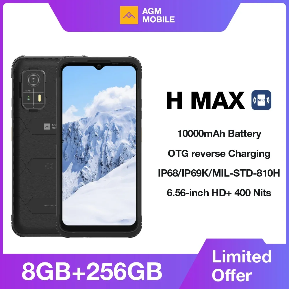 AGM H MAX Rugged Smartphone 8+256GB 10000mAh Battery  HD+ Display 3 Card Slot NFC OTG Reverse Charge Waterproof