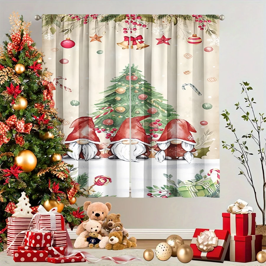 2PCS Christmas Winter Curtains, Three Gnome Christmas Tree Bell Gift Beige Cute, Digital Print, Bedroom Living Room, Home Decor